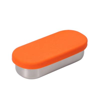 China Viable Oval Rectangular 304 Stainless Steel Dessert Sauce Canister Leak Proof Container Organizer With Silicone Orange Lid Mini Storage Box for sale