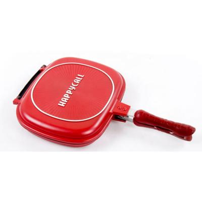 China Sustainable Hot Sale 32cm Happy Red Nonstick Aluminum Square Double Sided Double Sided Grill Pan Frying Pan for sale