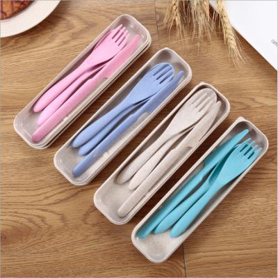 China Wholesale Biodegradable Viable Eco Friendly Straw Fiber Travel Cutlery Set Straw Fiber Fork Knife Chopsticks Flatware Set Nature Wheat for sale