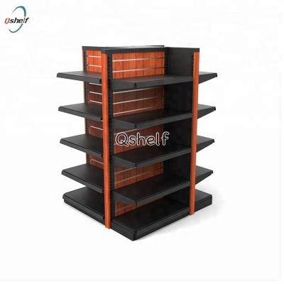 China Double sided hot sale metal gondola supermarket with wooden slatwall shelf for sale