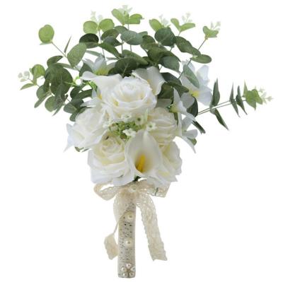 China Latest Calla Lilies Luxury Handmade Romantic Wedding Silk Rose Artificial Flower Bride Holding Bouquet for sale