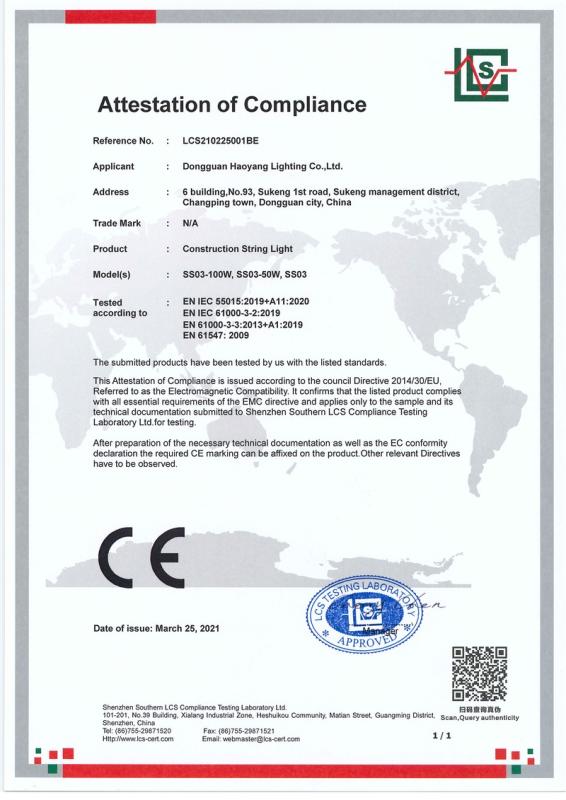 CE - Shenzhen Haoyang Optoelectronics Co., Ltd.