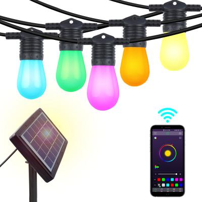 China New Developed 48FT 15pcs RGBW Solar Light Garden App Control Led Smart Bulbs String Light For Outdoor for sale