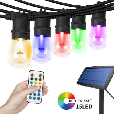 China Hot Selling Led String Light Anti-UV S14 Led Solar Bulb 48FT RGB 3 Color Outdoor String Light for sale