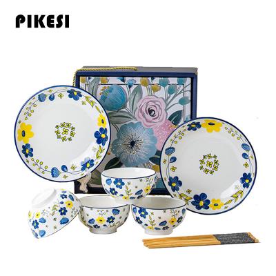 China Viable Wholesale Popular Blue Yellow Porcelain Ceramic Rice Bowl Gift Set Logo Customization Ceramic Dinnerware Set for sale