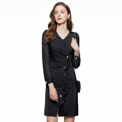 China custom Anti-wrinkle women satin long sleeve dress puff knee satin sheath long wrap dress high ruffle bottom for sale