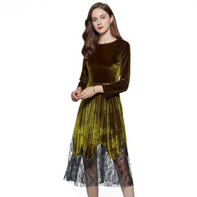 China Luxury Pleated Maxi Long Sleeve Pure Color Velvet Women Dry Cleaning Long Pleated Party Dress Designs With Lace for sale