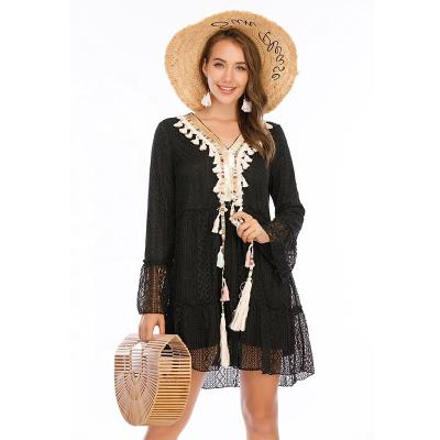 China Women's Lace Midi Dress Breathable Black Bohemian Elegant Halter V-Neck Long Sleeve Summer Dress for sale