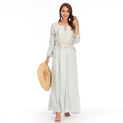 China Women Breathable Bohemia Lace Long Maxi Dress Ethnic Style Tassel Half Sleeve V Neck Floor Length Hollow Dress for sale