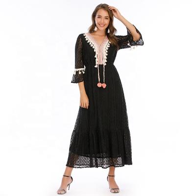 China Women Breathable Bohemia Lace Long Maxi Dress Ethnic Style Tassel Half Sleeve V Neck Floor Length Hollow Dress for sale