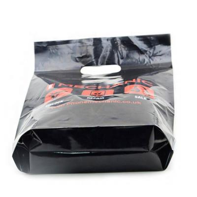 China Shopping Colorful Printing Bottom Gusset Die Cut LDPE Die Cut Hole Polyethylene Bags for sale