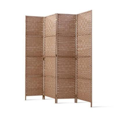 China Eco-friendly 4 Panel Room Divider Privacy Screen Rattan Timber Ply Woven Backing for sale