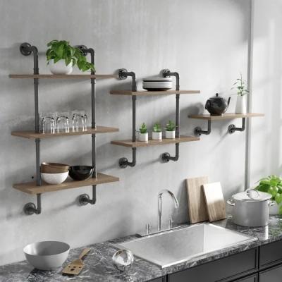 China Industrial Pipe Shelf Wall Shelf Rustic Wood Stocked With Black Iron Pipe 2 Tier for sale