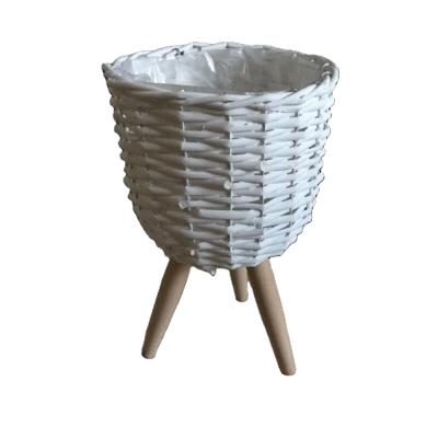 China Sustainable White Flower Pot With Wooden Plant Stand For Home Decoration for sale