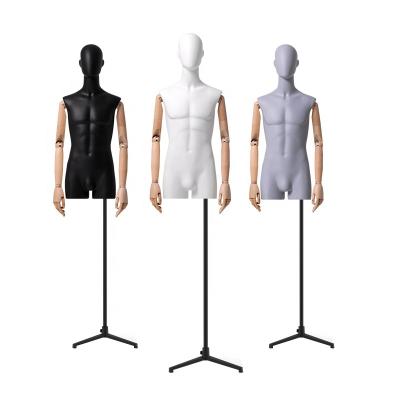 China Vintage Eco-friendly Plastic Half Stand Male Mannequin Torso With Wooden Head And Arms For Display for sale