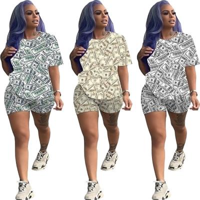 China Latest Fashion Breathable Summer 2 Piece Women Set Dollar Printing Casual Women's Short Set Trend 2 PC Women Sets for sale