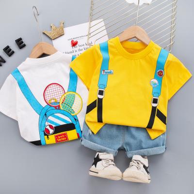 China Fashion\Comfortable\Durable Baby Boy Clothes 2021 Summer Custom High Quality Kids Cotton Suit Boy School Bag Pattern T-shirt And Denim Shorts Kids Baby Boy for sale