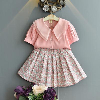 China Soft Anti-wrinkle Summer Girl Collar Puff Sleeve New Organza Floral Ruffled Shirt Pleated Skirt for sale