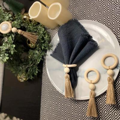 China Viable wooden napkin rings with tassels, for wedding, family gathering party or rustic country dining table decor for sale