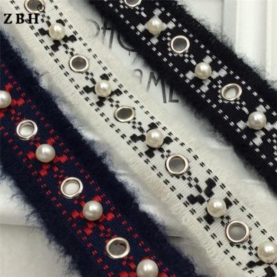 China Hollow Embroidery Double Face Metal Eyelet Bead Decoration Woven Ribbon for sale