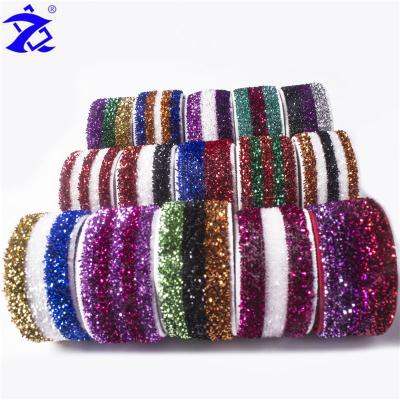 China Single Face Korean Colorful 1.5cm Shinny Metallic Glitter Elastic Stretch Velvet Stripe Frosted Flocking Ribbon for sale