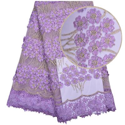 China Viable Wholesale Nigerian 3D Flower Lace Embroidered French Fabric Stones Lace Fabric In Purple Color 1161 for sale