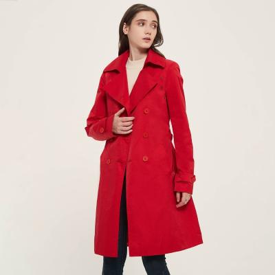 China Anti-shrink classic red ladies long trench coat for women new design lapel spring casual style red trench coat elegant cotton coat for sale