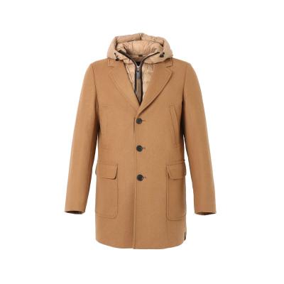 China Anti-Wrinkle Mens Wool Coat Single Breasted Cotton Filling Hood Liner Detachable Camel High Quality Mens Wool Coat for sale