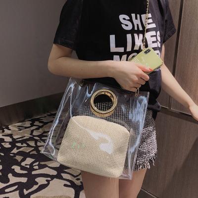 China Clear Fashion PVC Tote Women Fashion Straw Bags Shopping 2 Pieces Ladies Handbag Designer for sale