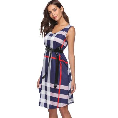 China Breathable Hot Sale Women Dresses Summer Plaid Sleeveless V-Neck Striped Belted Midi Line Casual Dress for sale