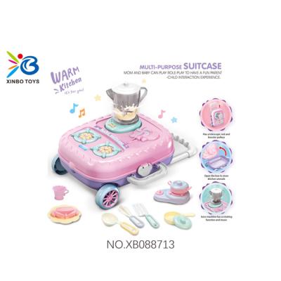 China Mini Play House Toy Girls Electric Music Kitchen Set Small Mixer Kitchen Appliances Plastic Trolley Case for sale