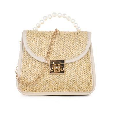 China PORTABLE 2023 Small Women's Shoulder Bags Straw Pearl Handle Lock Chain Purse For Girls Summer Beach Crossbody Handbags for sale