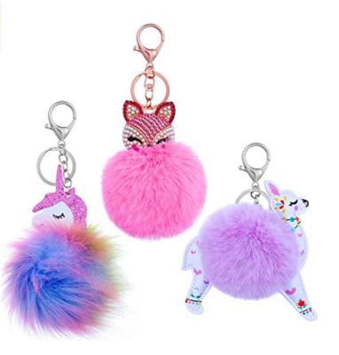 China Style 3 Piece Pom Pom Keychain Cute Fluffy Key Animal Ring Unicorn Keychain For Women Bag Accessories for sale