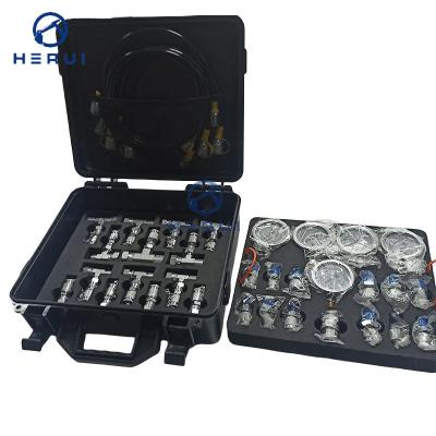 China Onderdelen voor bouwmachines Universele 5 gauges Hydraulische drukmeter Tester met Tee Joint Set Tee Connector Box Te koop