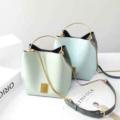 China Japan Style Patchwork Chain Women Leather Bucket Bag Handbag With Metal Handle Shoulder Bag for sale