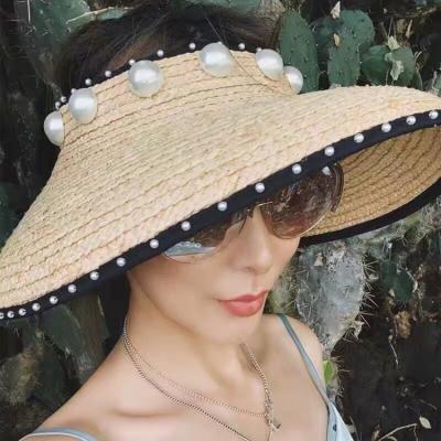 China 2021 Women's Fashion Straw Hat Female Adjustable Women's Straw Sun Visor Hat Summer Beach Pearl Cap Lady Chic Raffia Large for sale