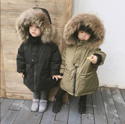 China Korean version of the children's breathable winter of the 90 section long velvet down jacket baby boys and girls fur collar bottom hooded warm coat for sale