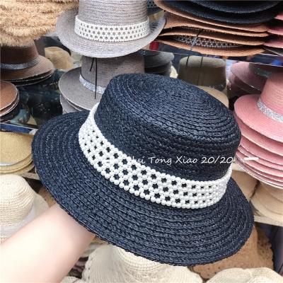 China Simple hat female flat surface hat summer beach sunscreen sunshade hat small pearl fragrance French straw hat striped raffia retro for sale