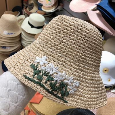 China Straw Hat 2021 Portable New Verified Folding Hat Women Korean Embroidered Crochet Hat Straw Hat Hand Travel Sunshade for sale