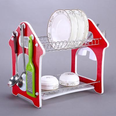 China Durable Double Rows Metal Cutlery Drainer Kitchen Rack Plastic Dish Rack for sale