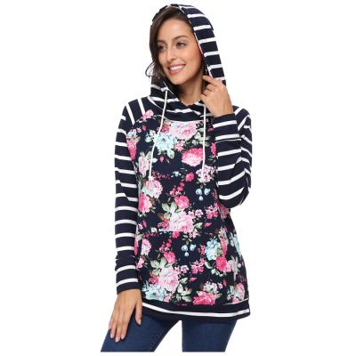 China Anti-wrinkle Women's Drawstring Striped Pullover Floral Print Plus Size Hoodies Sweatshirts With Pocket for sale