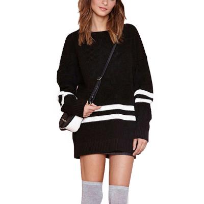 China Women's Sports Anti-pilling Black White Striped Casual Pullover Knitted Sweater Dress for sale