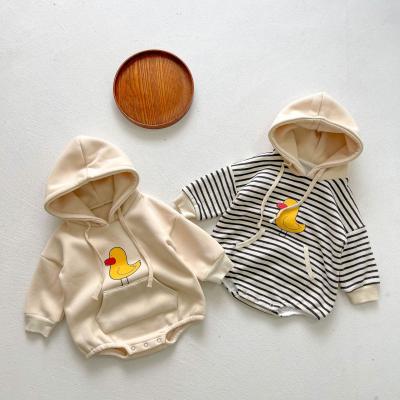 China Leisure Baby Rise Clothes Stripes Ducklings Hooded Triangle Ha Clothes Add Warm Wool Winter Baby Romper Suit for sale