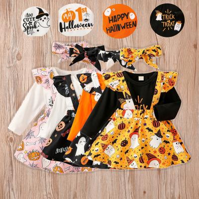 China Europe and the United States Pumpkin Ribbon Skirt Girls Spring and Autumn Letter Ghost Ha Clothes Halloween Full Printed Three-Piece Set for sale