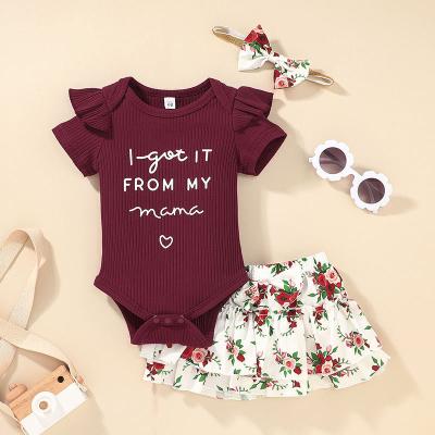 China 2021 Anti-wrinkle rib baby clothing summer baby suit female popular two-piece baby clothes short sleeve dress suit for sale