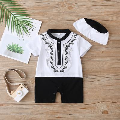 China Chinese Selling Button Covered Middle Eastern Style Summer Short Sleeve Newborn Baby Boy Clothes Rompers With Snap Button And Cap for sale