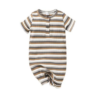 China Cotton Boutique 3 Colors Summer/Early Striped Short Sleeve Button Rib Cotton Newborn Baby Boy Crawling Suit for sale