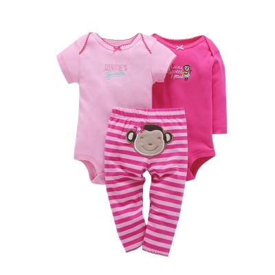 China Anti-Static Hot Sale Cartoon Monkey Light Pink Cotton Knitted 3pcs Baby Daily Wear Matching ClothesAutumn Newborn Rise Clothes Set for sale