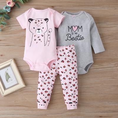 China Wholesale Cute Girl Mixed 3pcs Assorted Newborn Autumn Clothes Set Cotton RTS Kitten Printed Snap Button Baby for sale