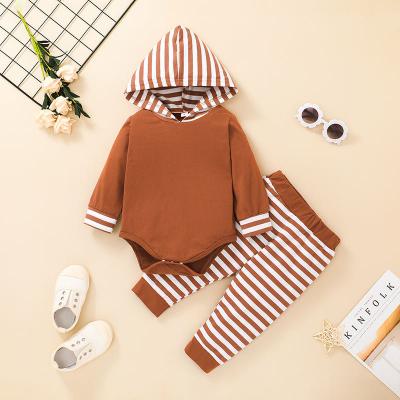 China 2021 Fall Clothing Leisure Fashion Breathable Infant Child Plain Suit Baby Stripe Hooded Pants Two-Piece for sale